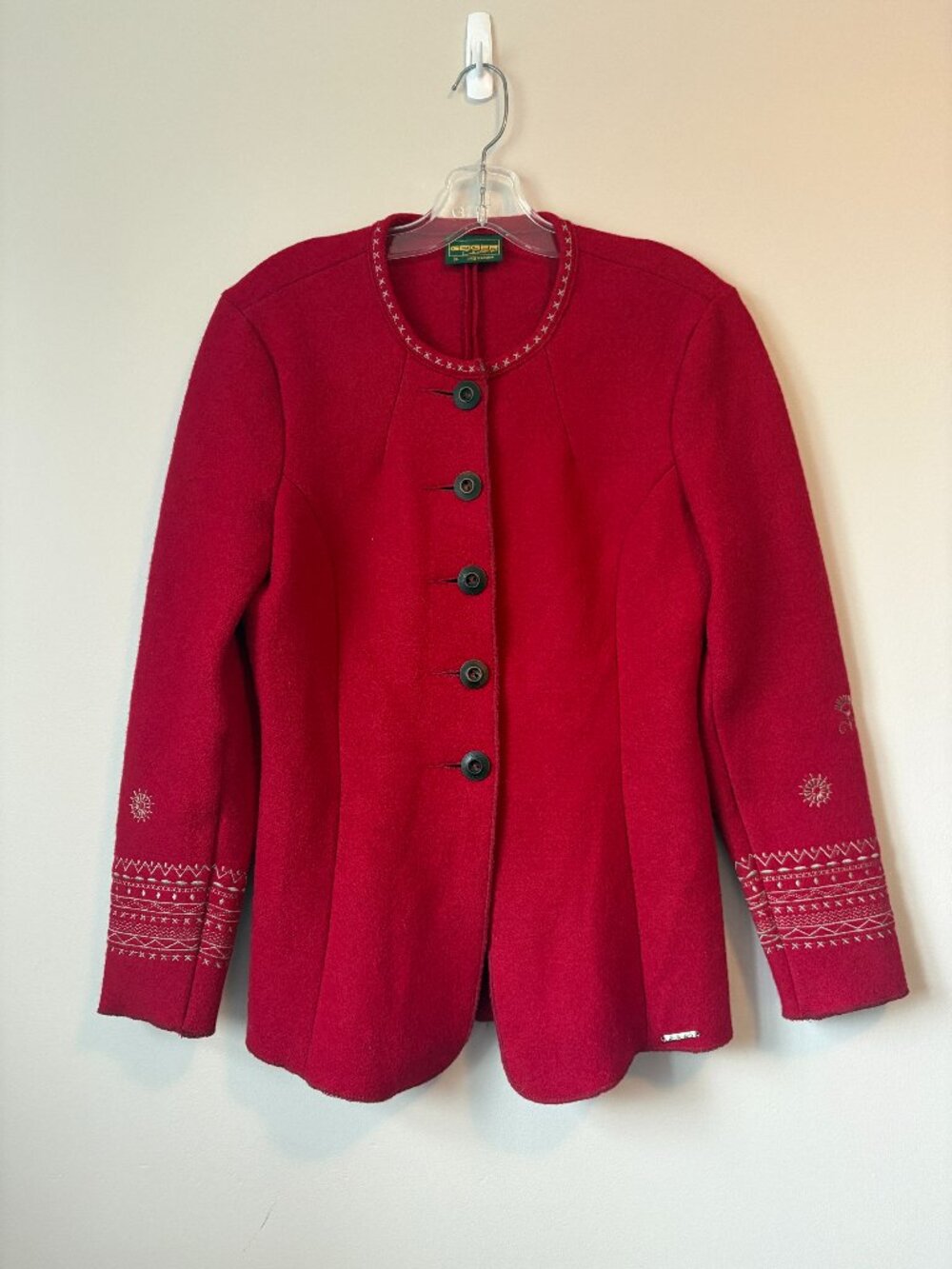 Geiger of Austria Vintage Red Boiled Wool Embroidered Tyrolean Jacket FR 34 XS